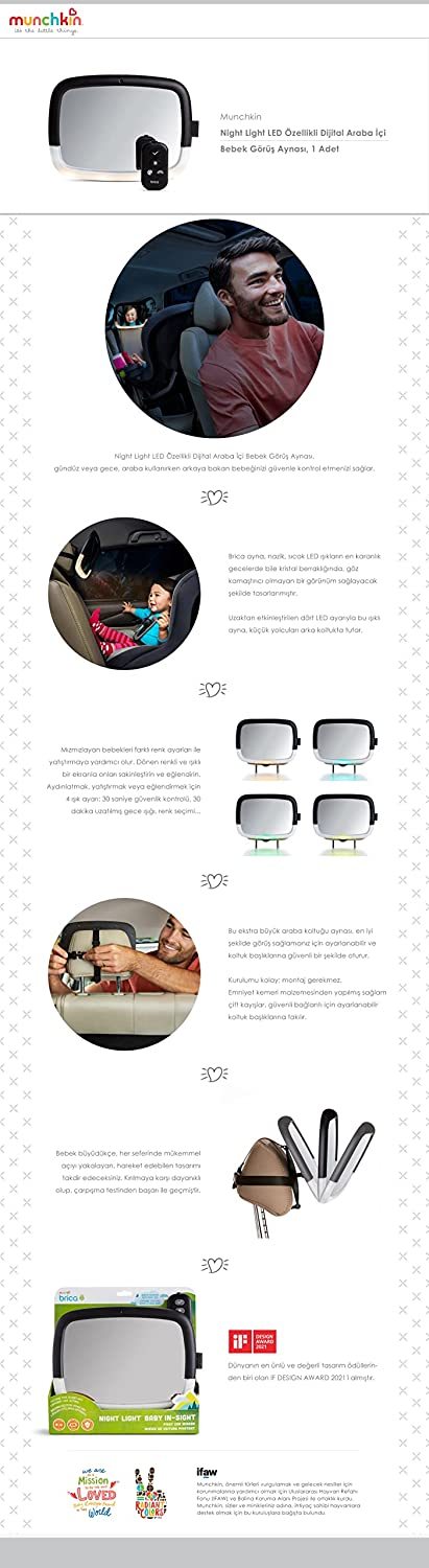 Munchkin Baby In-Sight Espejo para Asiento de Auto con Luz Nocturna LED, Espejo de Auto Grande para Bebés y Niños Pequeños, Espejo de Auto para Bebés, 100% Inastillable y Probado contra Choques