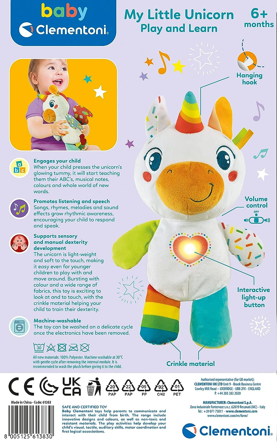 Clementoni 61383 My Little Unicorn-Play Pelúcia, Criança Interativa, Luz e Sons, Aprender Infantil, Brinquedos de Atividade para 6 Meses, Multicoloridos