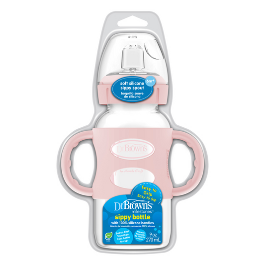 Dr Brown's Milestones™ biberón con pajita y asas de silicona rosa 270 ml