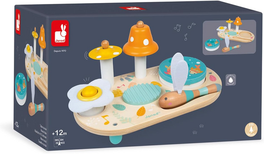 Janod Mesa Musical Pure Wood - Juguete Musical de Madera para Aprendizaje Temprano - con Platillo, Campana y Pandereta Extraíble - Pintura a Base de Agua - A partir de 3 años, J05164