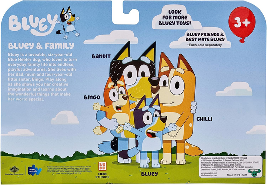 Bluey Bluey y su familia: Bingo, Bandit y Chilli Paquete de 4 figuras Figuras de acción de personajes articulables Juguete coleccionable oficial de 2,5 pulgadas