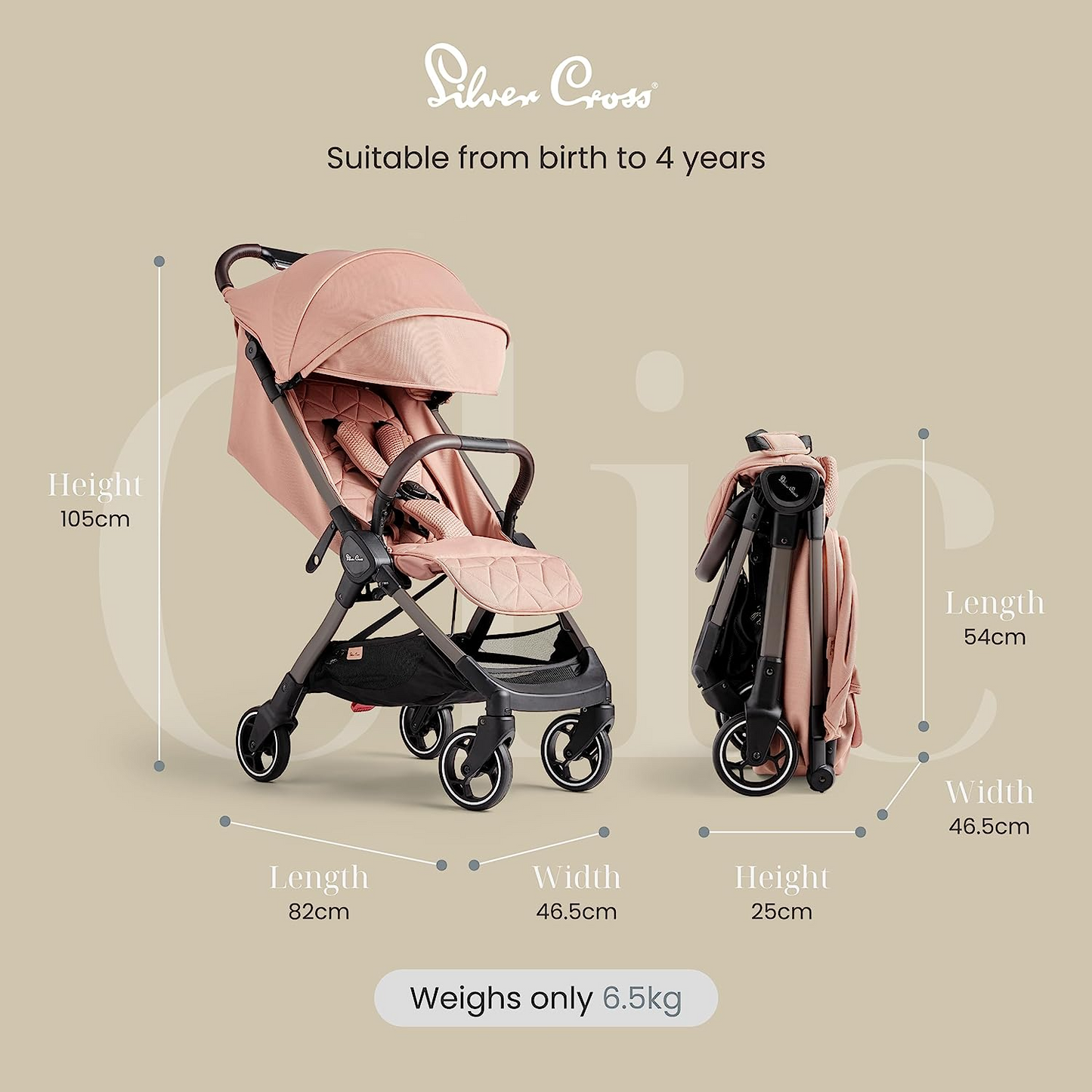 Silver Cross | Carrinho de passeio compacto Clic | Carrinho de passeio | Carrinho dobrável e leve | Tamanho da cabine | Recém-nascidos - 4 anos | Roebuck