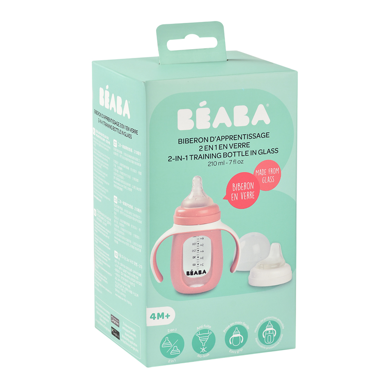 Beaba Biberón Educativo de Vidrio 2 en 1 con Tapa de Silicona Rosa 210 ml