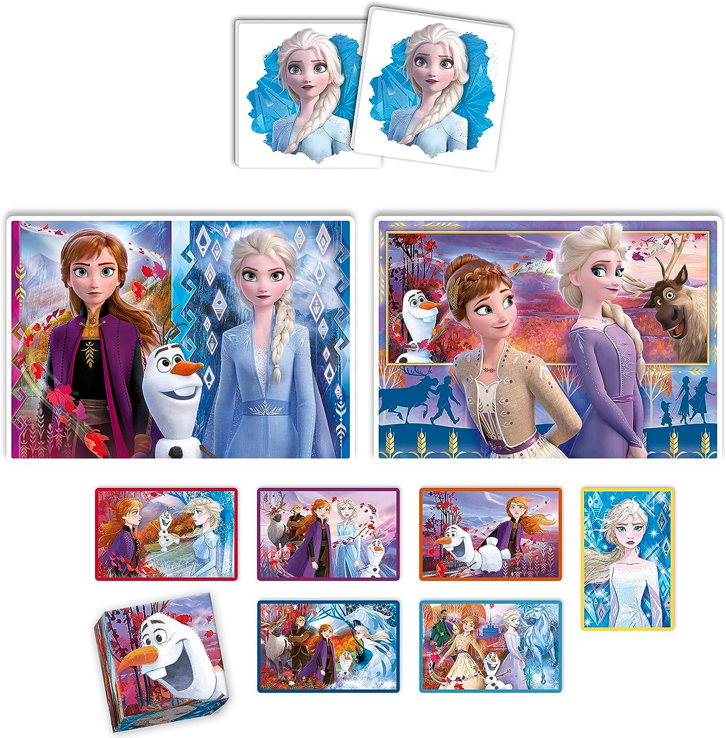 Clementoni - 18292 - Edukit 4 en 1 Disney Frozen (Puzzle de 30 y 48 piezas, Memo y Seis Cubos), Puzzle infantil, Juegos de notas, Juegos de cartas para niños de 4 años, Made in Italy