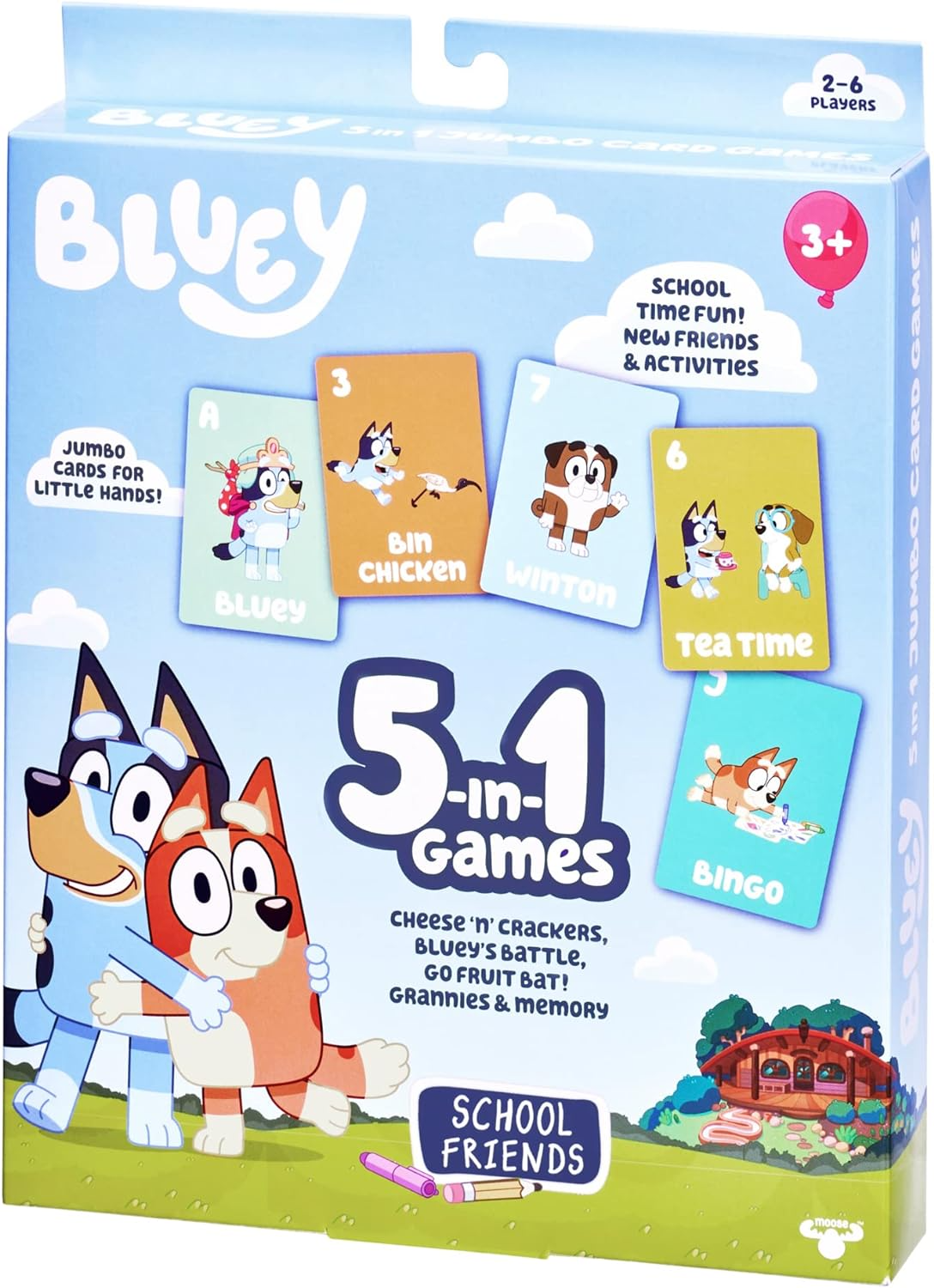 Paquete de juego de cartas 5 en 1 de Bluey 5 juegos de cartas favoritos en un solo paquete con personajes oficiales de Bluey y sus amigos de la escuela