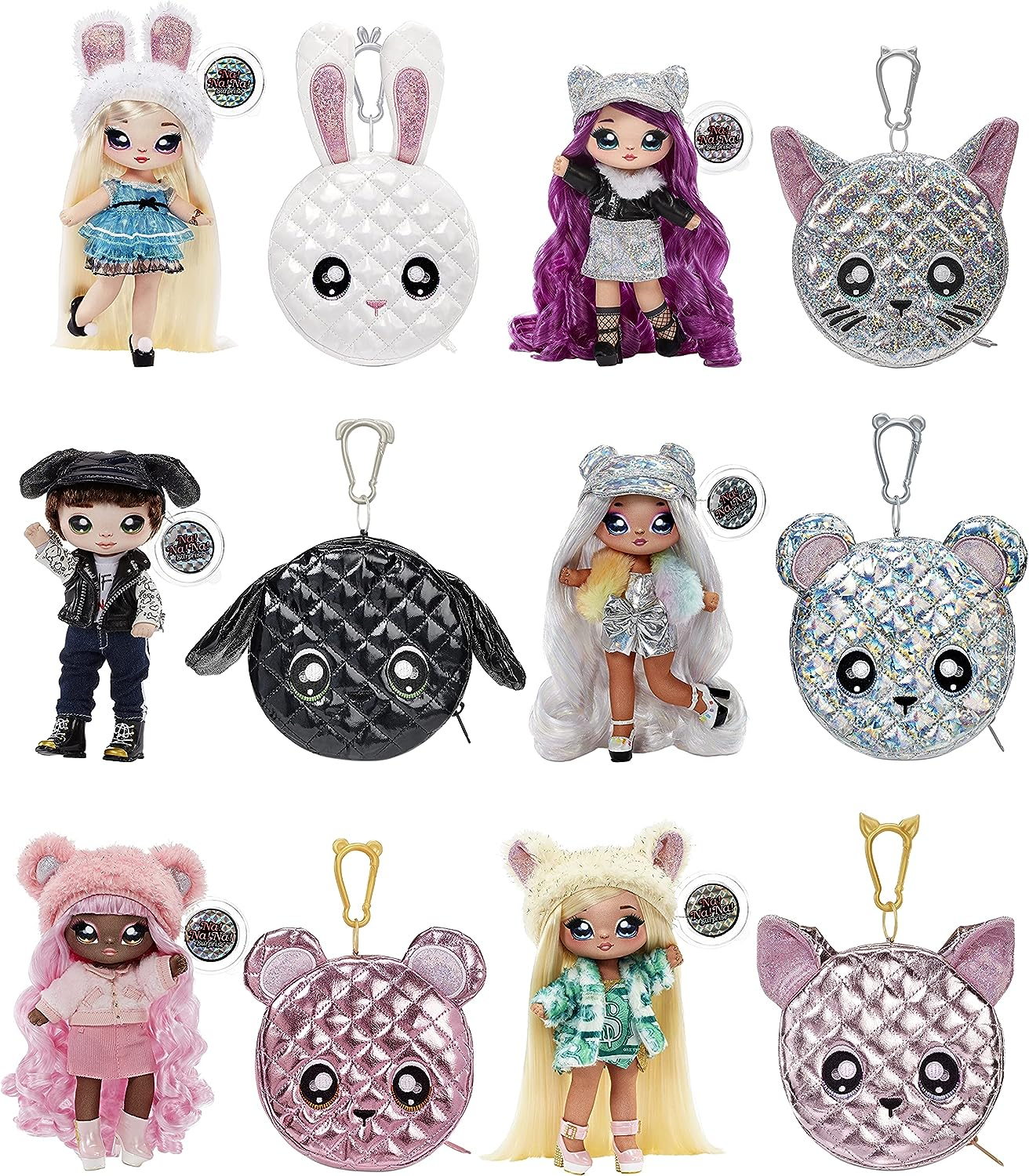 Na! Na! Na! Surprise Boneca fashion 2 em 1 e bolsa metálica série Glam - colecionável - boneca loira em vestido verde e chapéu de orelha de cachorro com bolsa chihuahua - Victoria Grand