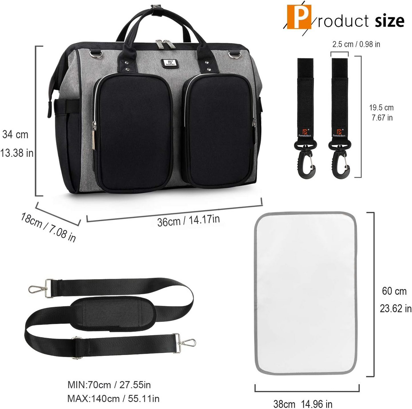 Pomelo Melhor bolsa para troca de bebê com clipes para carrinho de bebê e trocador