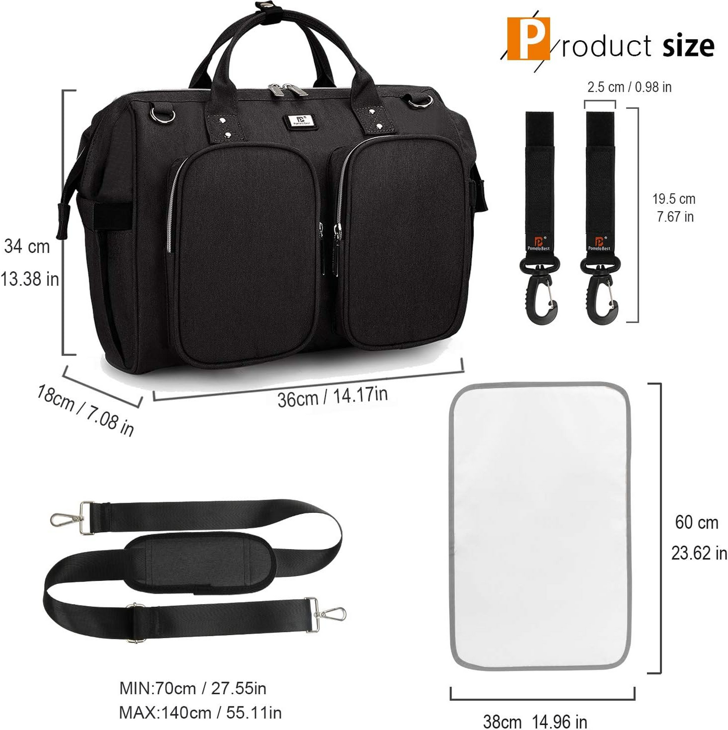 Pomelo Best Bolso cambiador para bebé con clips para cochecito y cambiador