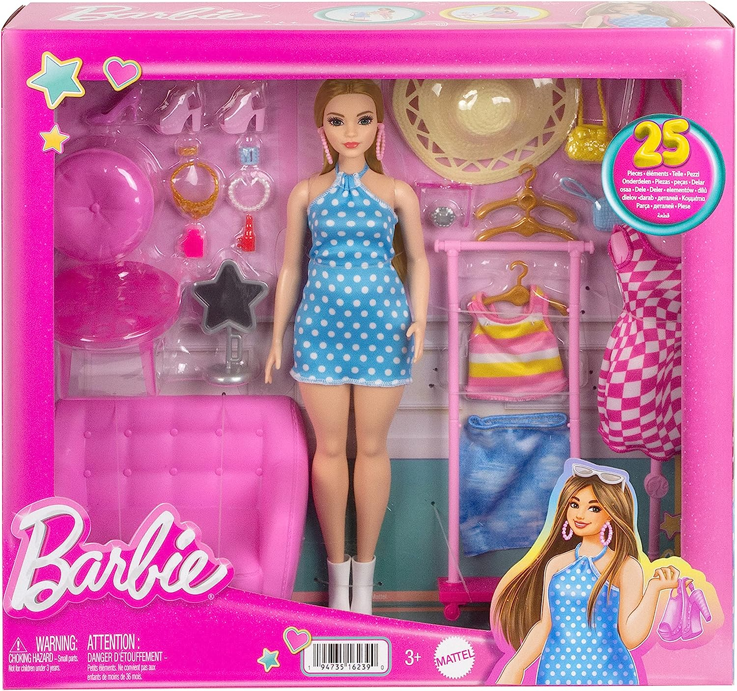 Barbie Boneca e conjunto de moda, roupas Barbie com acessórios de armário como rack e manequim, 32 peças para contar histórias, HPL78