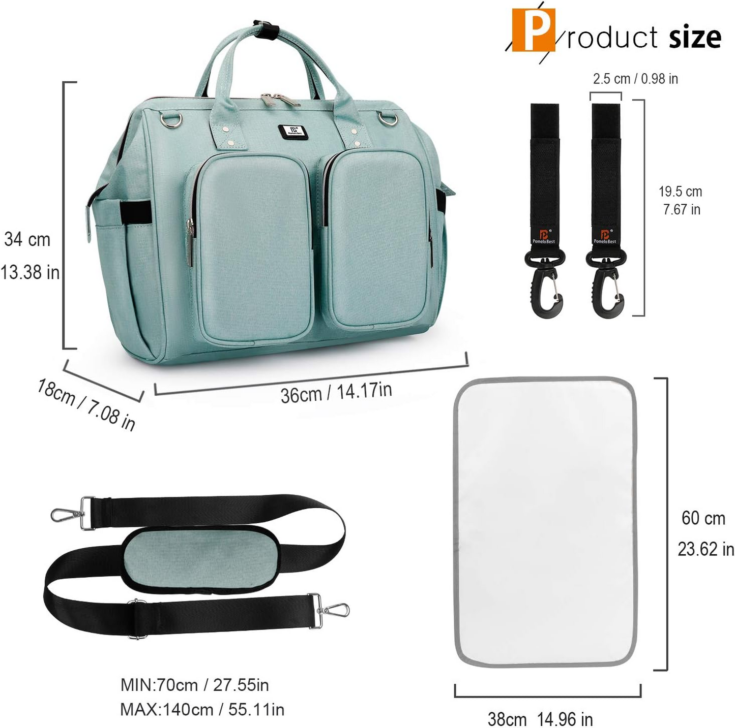 Pomelo Best bolsa para troca de bebê com clipes para carrinho de bebê e trocador