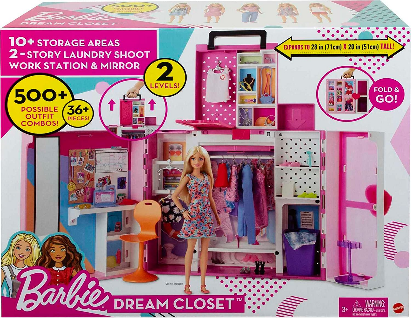 Barbie Closet playset com mais de 35 acessórios, 5 looks completos, pop-up de 2º nível, espelho de corpo inteiro, rampa de lavanderia, closet dos sonhos, HBV28