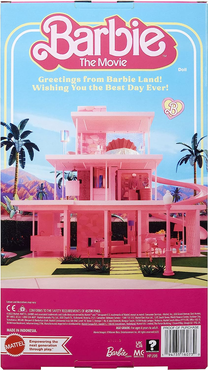 Barbie The Movie Doll, Gloria Collectible Vestindo terninho rosa Power de três peças com saltos de tiras e brincos dourados, HPJ98