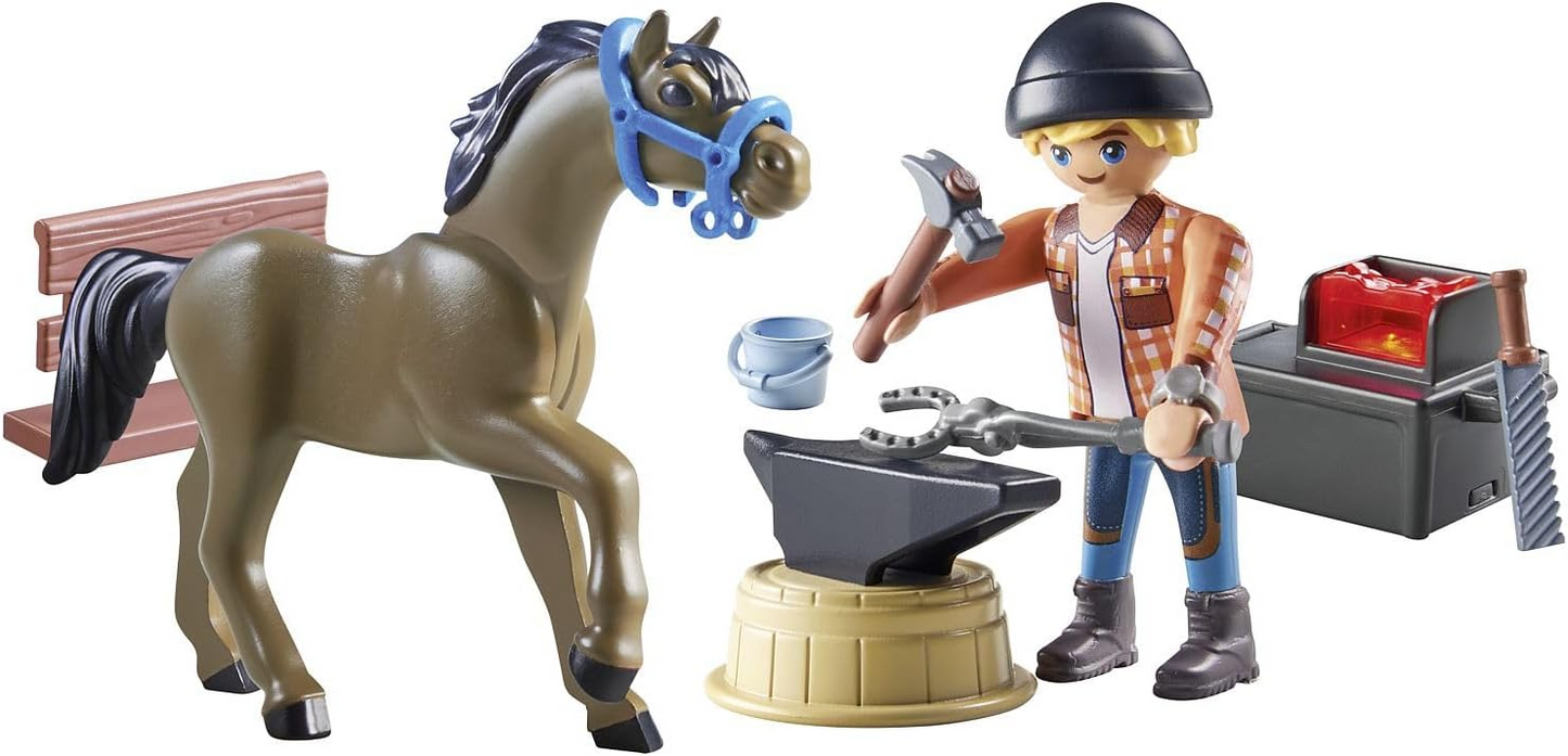 Playmobil 71357 Cavalos da Cachoeira - Farrier Ben e Aquiles, cuidados interativos com cavalos no Waterfall Ranch, encenação divertida e imaginativa, conjuntos de jogos sustentáveis adequados para crianças a partir de 5 anos