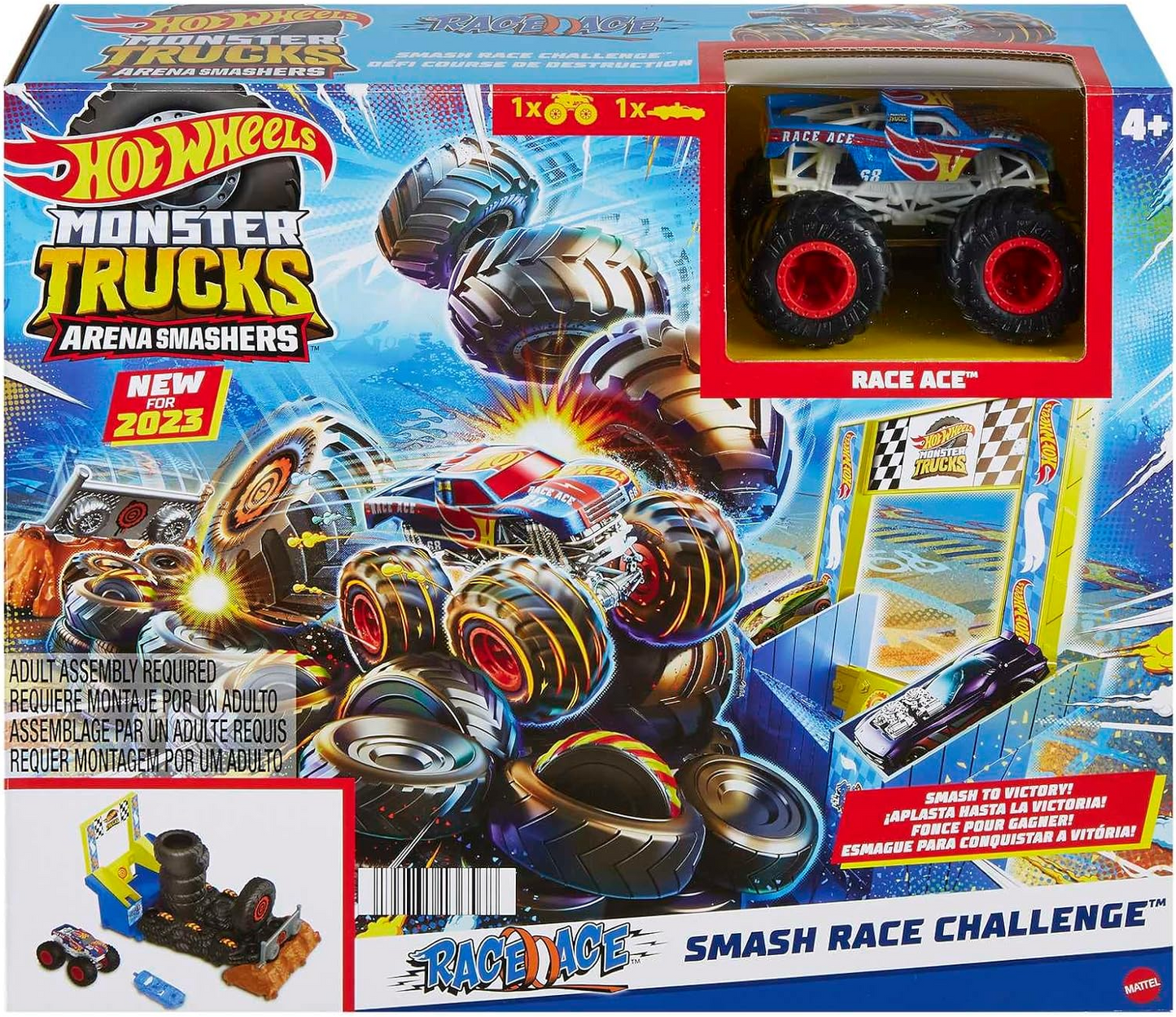 Hot Wheels Monster Trucks Arena Smashers Race Ace Smash Race Challenge Juego con camión de juguete Race Ace a escala 1:64 y 1 auto aplastable, HNB89