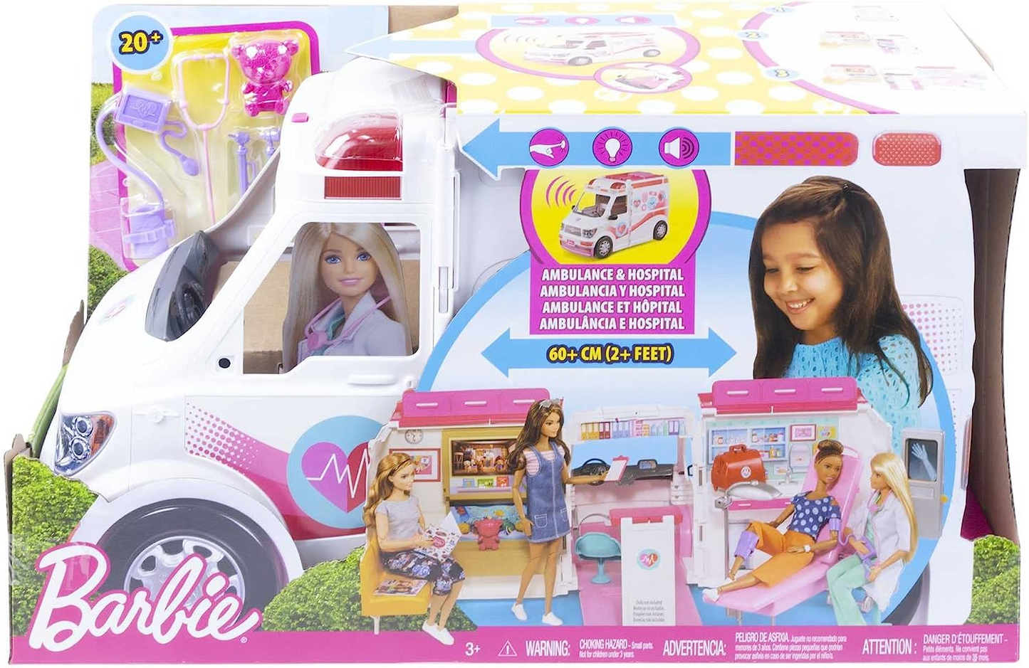 Barbie Brinquedos, Ambulância Transformadora e Playset de Clínica com Luzes, Sons e mais de 20 Acessórios, Clínica de Cuidados, HKT79