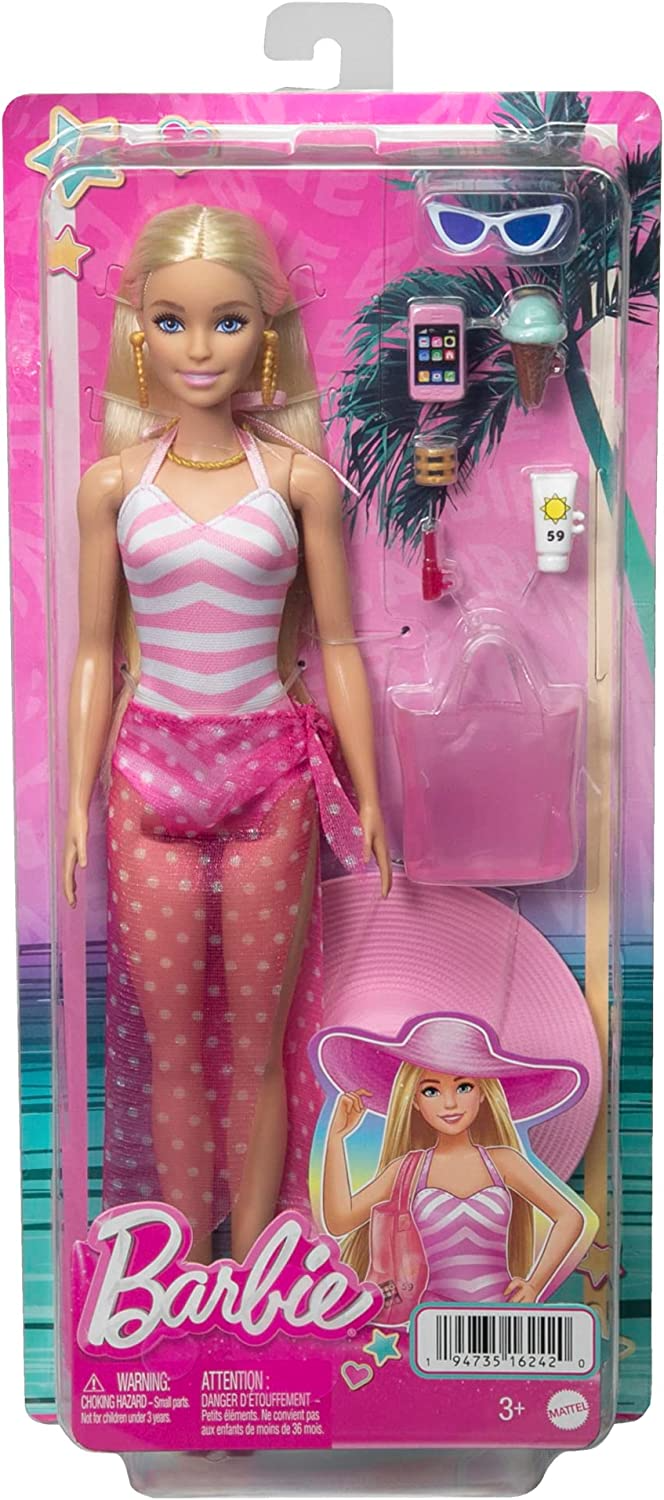 Barbie Boneca com maiô rosa e branco, chapéu de sol, bolsa e acessórios com tema de praia, HPL73
