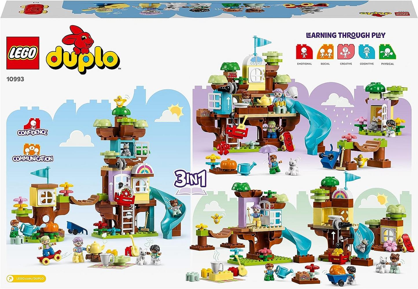 LEGO 10993 DUPLO Casa na árvore 3 em 1, brinquedo de construção para crianças a partir de 3 anos, meninas e meninos com 4 figuras de família, animais, tijolos e um escorregador, atividades de aprendizagem