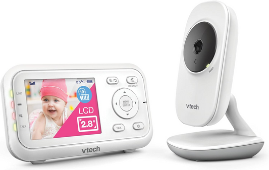 VTech Monitor de vídeo VM3250 com suporte de bateria Streaming de vídeo de 19 horas, tela LCD de 2,8 ", visão noturna infravermelha, alcance de até 300 m, transmissão segura, sensor de temperatura, sons suaves, zoom 2X