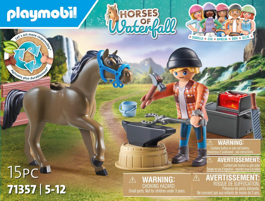 Playmobil 71357 Cavalos da Cachoeira - Farrier Ben e Aquiles, cuidados interativos com cavalos no Waterfall Ranch, encenação divertida e imaginativa, conjuntos de jogos sustentáveis adequados para crianças a partir de 5 anos