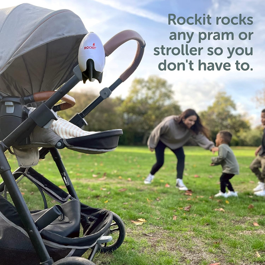 Rockit Rocker versión recargable. Mece cualquier cochecito, cochecito, cochecito o buggy. Meza suavemente a su bebé para que se duerma.