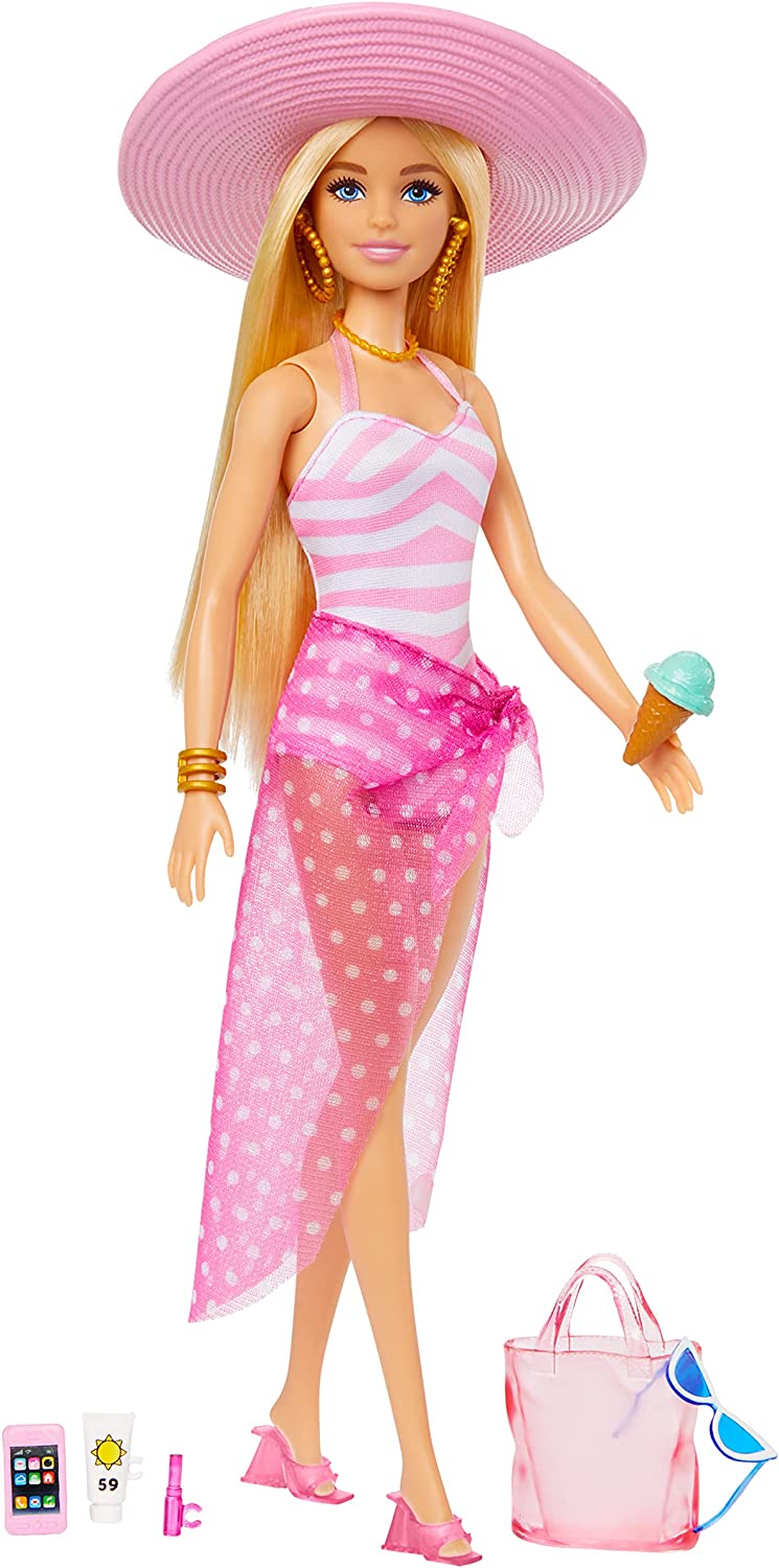 Barbie Boneca com maiô rosa e branco, chapéu de sol, bolsa e acessório