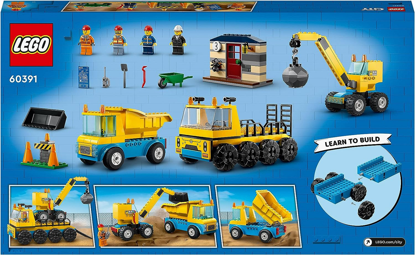 LEGO 60391 Caminhões de construção urbana e brinquedos de guindaste de bola de demolição, conjunto de jogos de demolição com brinquedo escavador, caminhão basculante e veículos de transporte, brinquedos de aprendizagem para crianças