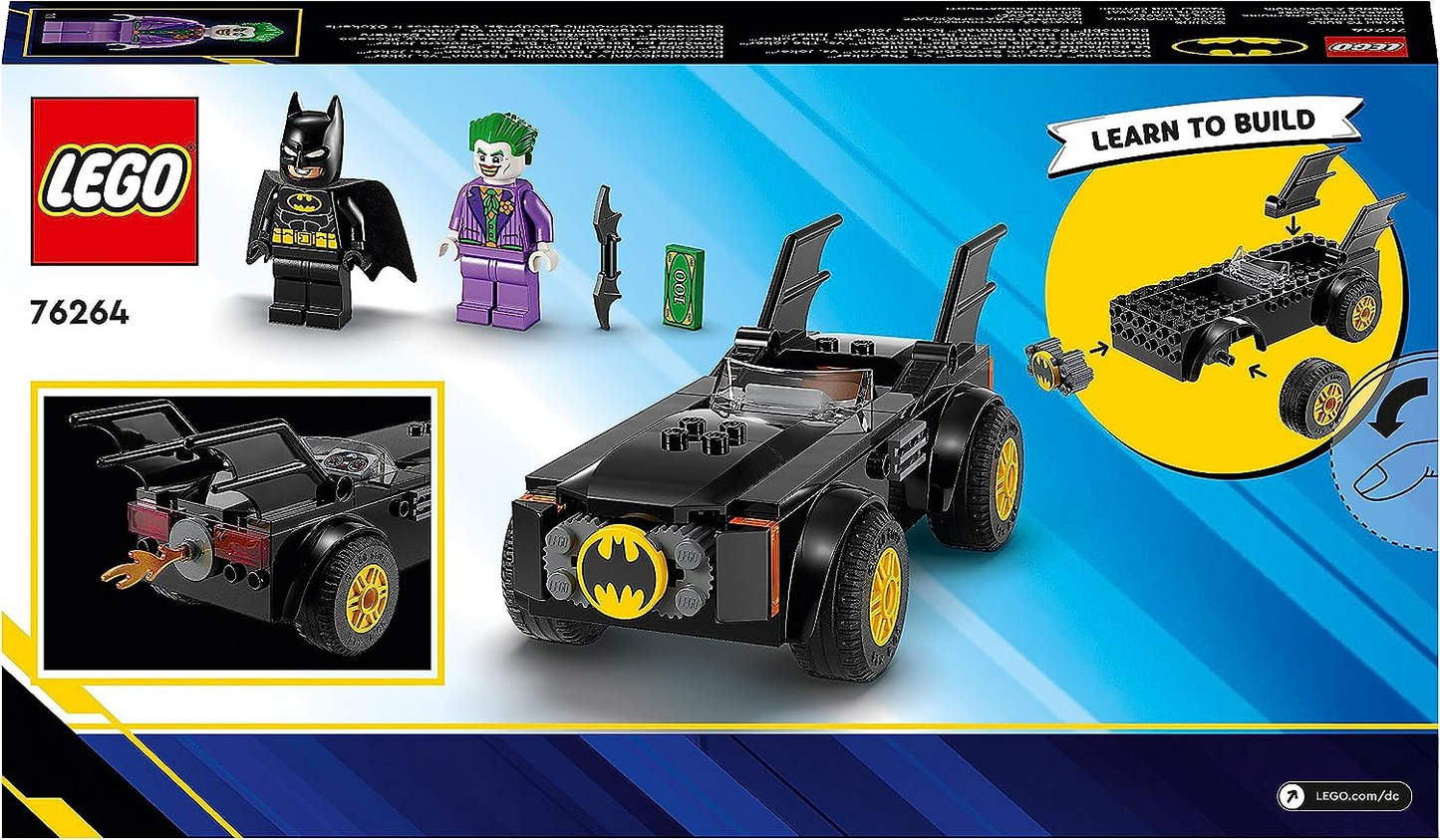 LEGO 76264 DC Batmobile Pursuit: Batman vs. The Joker Toy Car Playset, conjunto inicial de super-heróis com 2 minifiguras, brinquedos para crianças em idade pré-escolar, meninos e meninas com mais de 4 anos de idade, construção rápida e divertida
