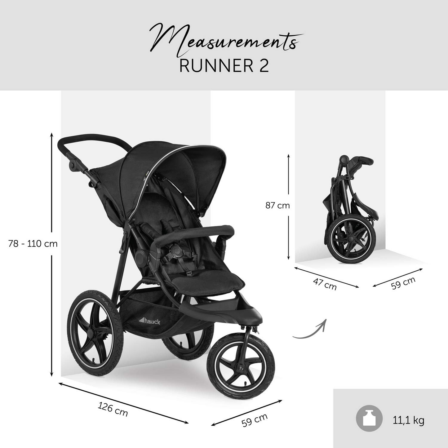 Hauck Carrinho de passeio Runner 2, All Terrain XL Air Wheels, até 25 kg, Sun Canopy UPF 50+, Janela de Ventilação, Totalmente Reclinável, Altura Ajustável, Cesto de Compras Grande (Preto)