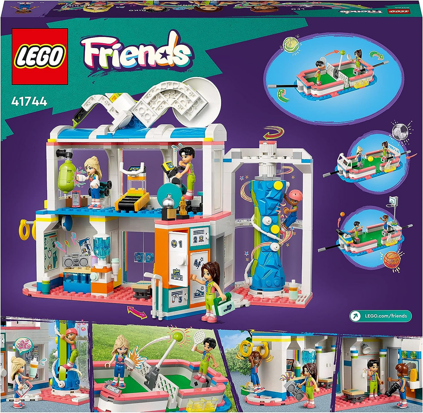 LEGO 41744 Friends Sports Center Building Toy com jogos de futebol, basquete e tênis para jogar, parede de escalada e 4 minibonecas, Heartlake City Presente para crianças de 8 anos ou mais