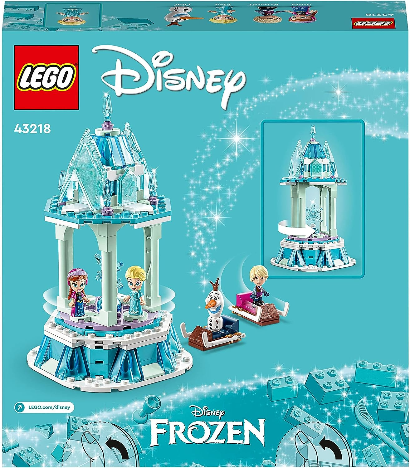LEGO 43218 Disney Princess Anna e Elsa's Magical Merry-Go-Round, Frozen Castle inspirado Playset com Princess Micro Dolls e Olaf Figure, brinquedo de presente para crianças, meninas e meninos com mais de 6 anos