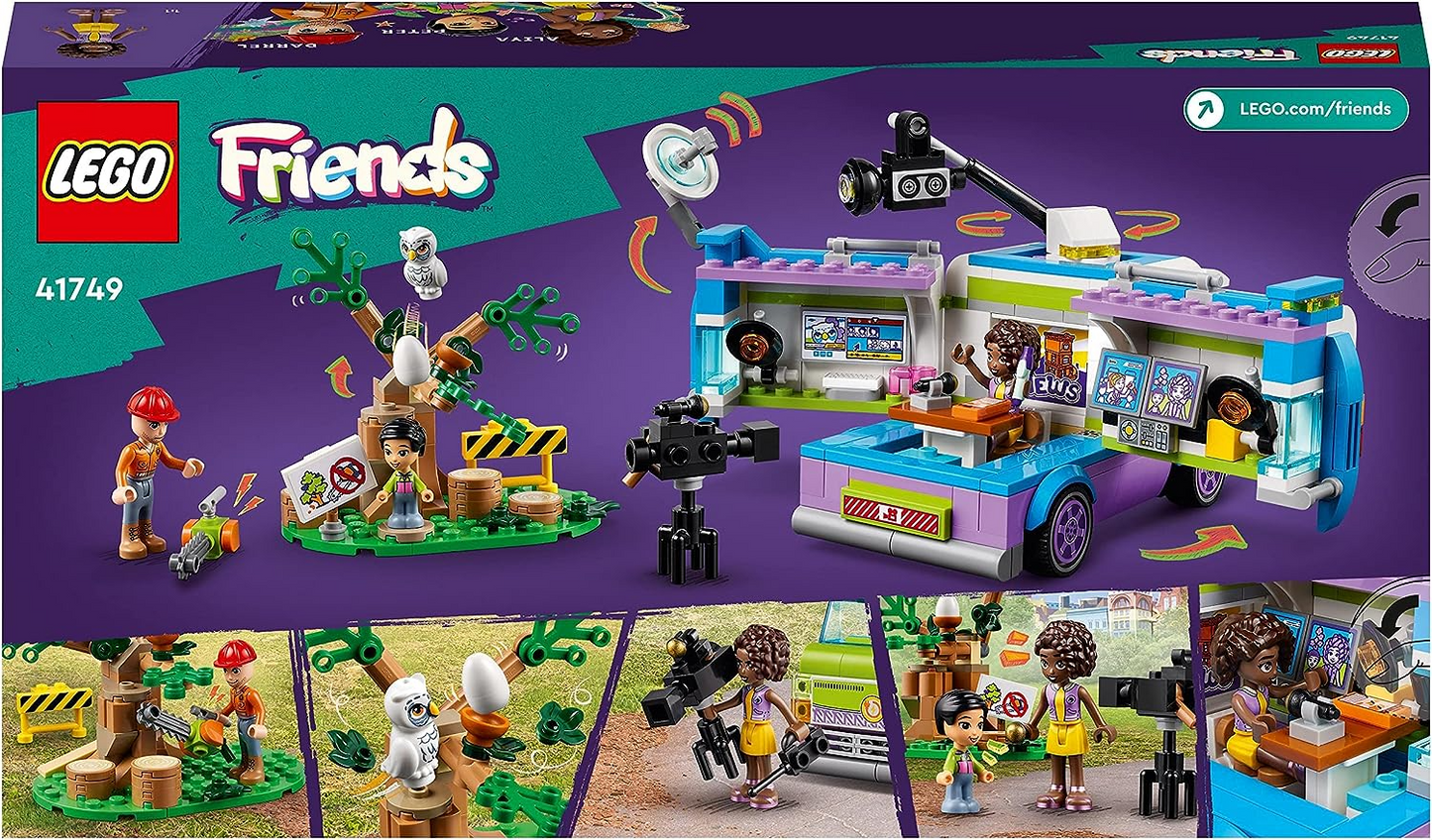LEGO 41749 Friends Furgoneta de Redacción, Set de Rescate de Animales, Simulación de Filmación y Reportaje de Noticias con Camión de Juguete, Figura de Búho y Minimuñeca Aliya, Regalo para Niñas, Niños y Niños de 6 años en adelante