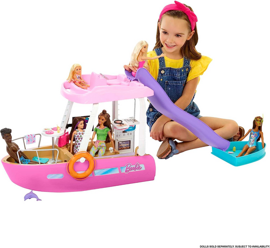 Barco Barbie con piscina y tobogán acuático, el juego Dream Boat incluye más de 20 piezas como delfines y accesorios, HJV37