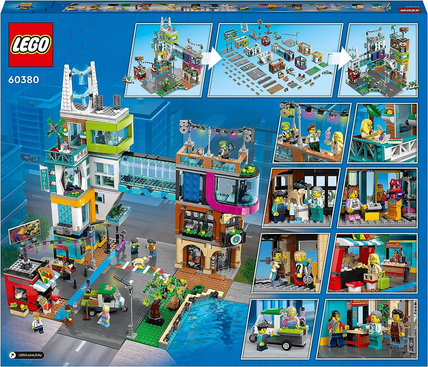 LEGO 60380 Conjunto City Center, kit de construção de modelo com salas modulares reconfiguráveis, incluindo lojas de brinquedos, barbeiro, estúdio Vlogger, hotel e discoteca na cobertura com 14 minifiguras