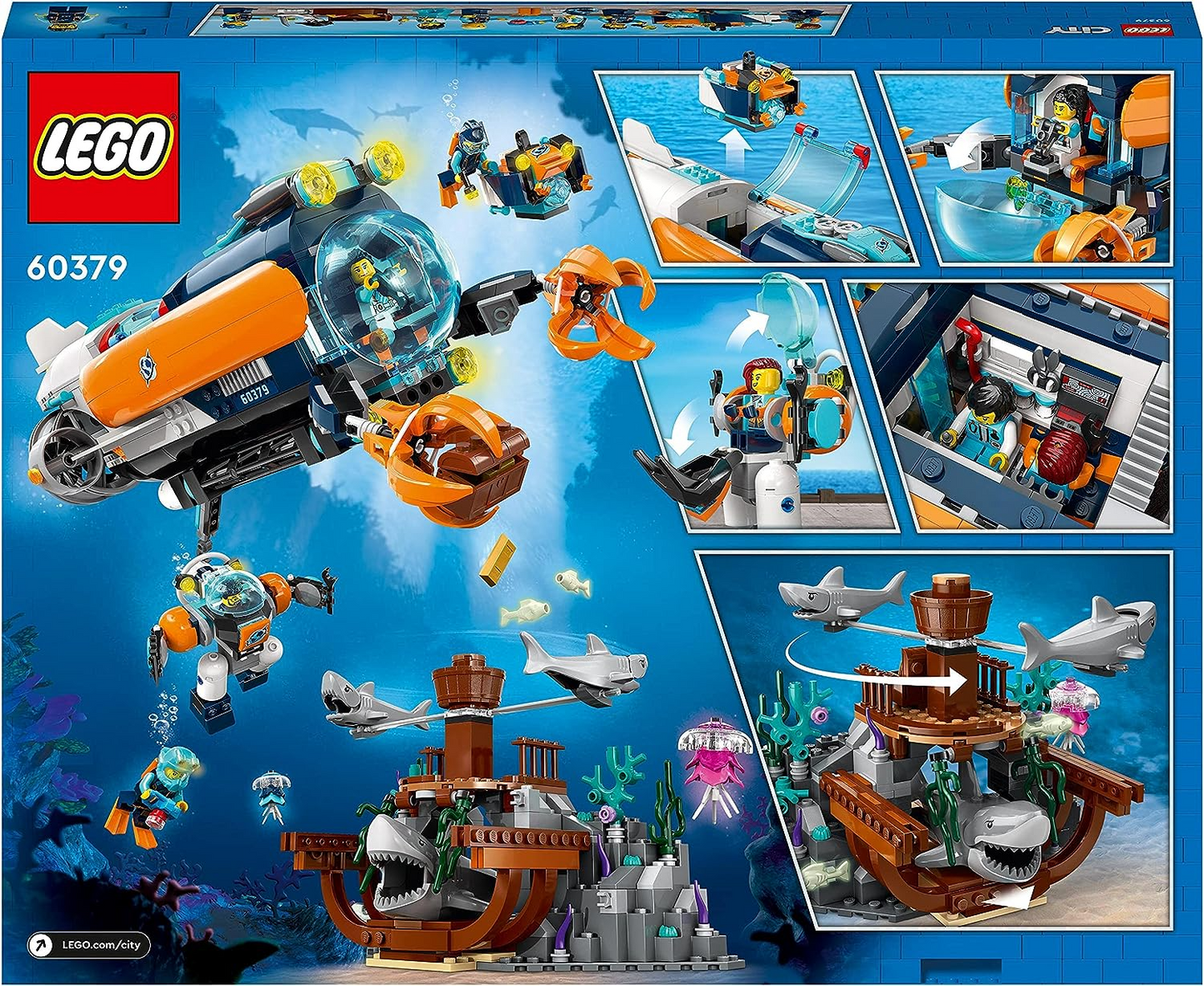 LEGO 60379 Brinquedo Submarino City Deep-Sea Explorer, Conjunto Oceano Subaquático com Drone, Figuras de Tubarão, Naufrágio e Minifiguras de Mergulhador, Presente de Aniversário para Crianças, Meninos e Meninas com mais de 7 anos