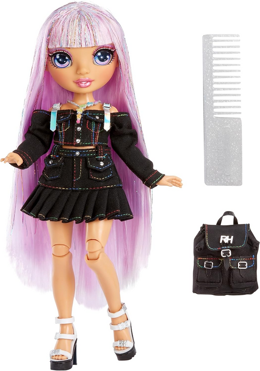 Rainbow Junior High Edição especial - AVERY STYLES - Boneca fashion ajustável de cabelo arco-íris brilhante de 9"/22,86 cm com acessórios e mochila macia aberta/fechada - Ótimo presente de brinquedo para crianças de 4 a 12 anos
