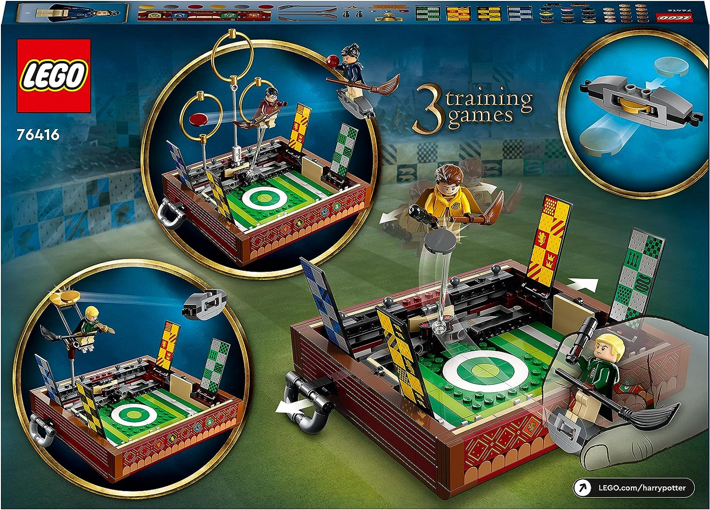 LEGO 76416 Cofre de Quidditch de Harry Potter, Juega 3 Juegos de Quidditch Diferentes, Set de Juego para Solo o para 2 Jugadores con Minifiguras de Draco Malfoy, Cedric Diggory, Cho Chang y Snitch Dorada, Juguete de Viaje portátil