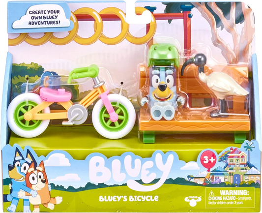 Juego de bicicleta Bluey; Figura de acción coleccionable oficial de Bluey de 2,5 a 3 pulgadas que incluye bicicleta, casco, taburete y accesorios para pollo de Bluey.