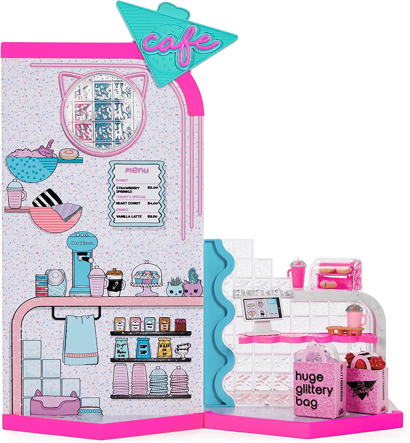 Jajaja ¡Sorpresa! 580652EUC LOL OMG Mall UNbox 50+ Surprises-2 pisos, funciones giratorias y cafetería-coleccionable-adecuado para niños a partir de 4 años