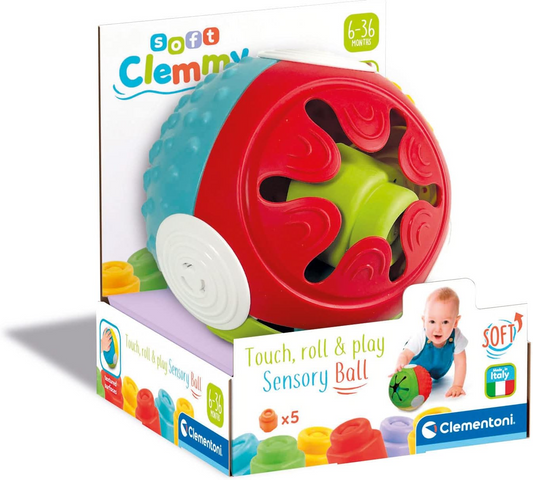 Clementoni 17689 Bola sensorial Pelota Touch & Play - com 5 Clemmy, blocos de construção macios para crianças de 6 meses, lavável, fabricado na Itália, simples, multicolorido, M