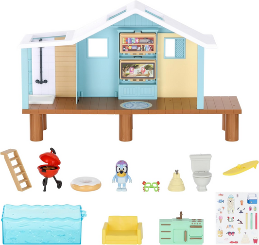 Bluey Playset de cabana de praia, com figura exclusiva de Bluey com óculos de proteção. Inclui 10 peças de jogo e folha de adesivos