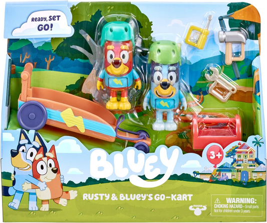 el juego de karts de Bluey Rusty y Bluey; Figuras de acción coleccionables oficiales de Bluey & Rusty de 2,5 a 3 pulgadas con kart, cascos, herramientas y accesorios de caja de herramientas