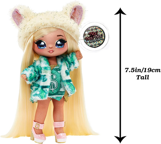 Na! Na! Na! Surprise Boneca fashion 2 em 1 e bolsa metálica série Glam - colecionável - boneca loira em vestido verde e chapéu de orelha de cachorro com bolsa chihuahua - Victoria Grand