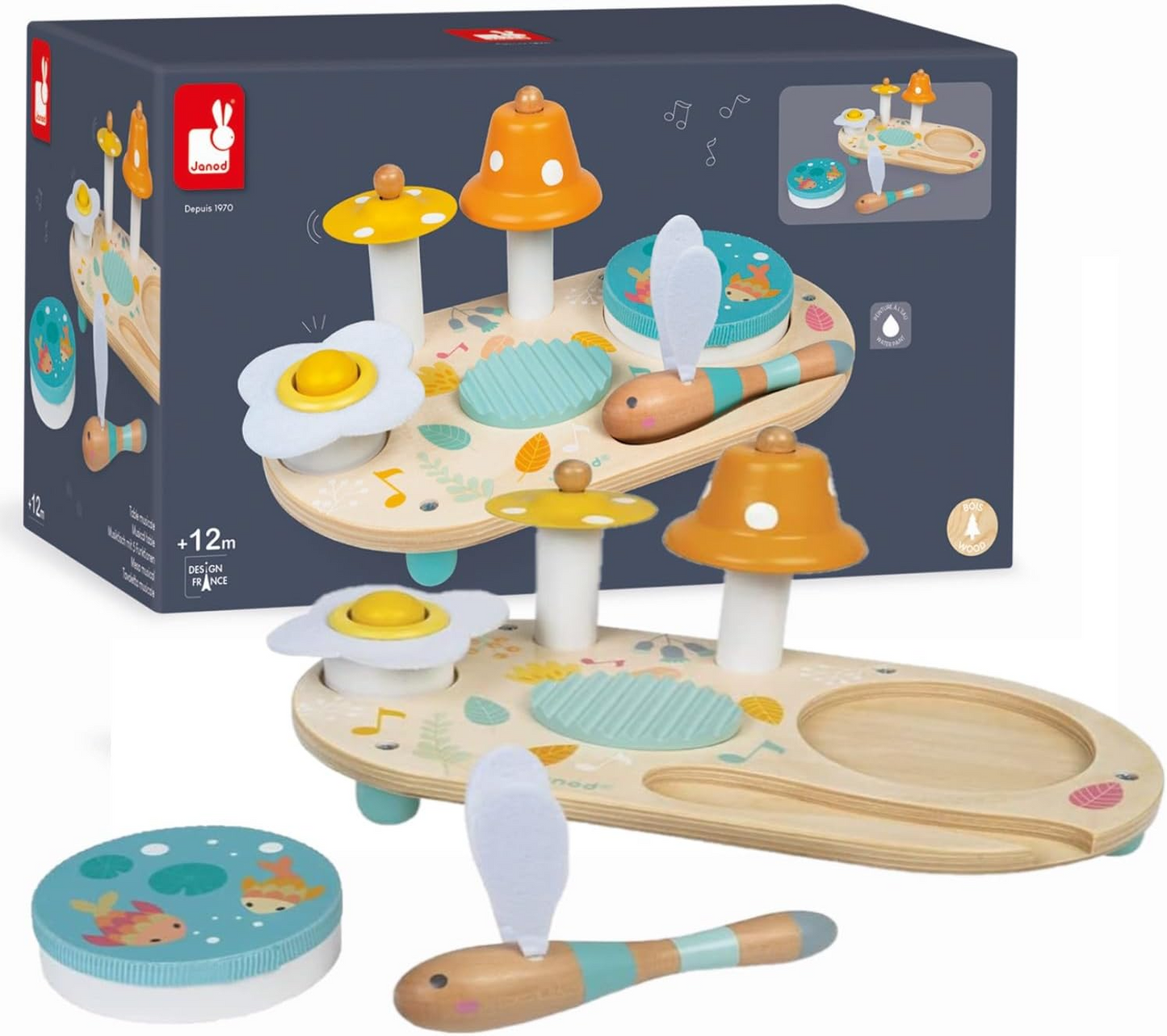 Janod Mesa Musical Pure Wood - Juguete Musical de Madera para Aprendizaje Temprano - con Platillo, Campana y Pandereta Extraíble - Pintura a Base de Agua - A partir de 3 años, J05164