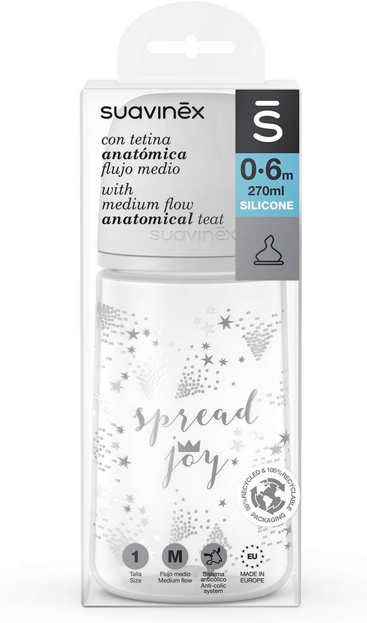Suavinex Tetina Anatómica de Silicona de Flujo Medio para Bebés de 0 a 6 Meses, 307120 Gris, 270 Mililitros