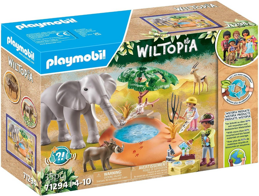 Playmobil 71294 Wiltopia Elefante en el Pozo de Agua, Emocionante Safari con Efecto de Aprendizaje Animal, Juguete Educativo, Juego de Rol Imaginativo Sostenible y Divertido, Juegos Adecuados para Niños a Partir de 4 Años