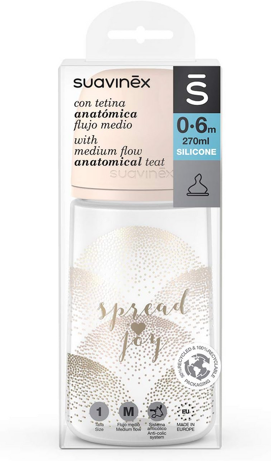 Suavinex Biberón Anatómico de Silicona, flujo medio, para bebés de 0 a 6 meses, beige, 270 mililitros
