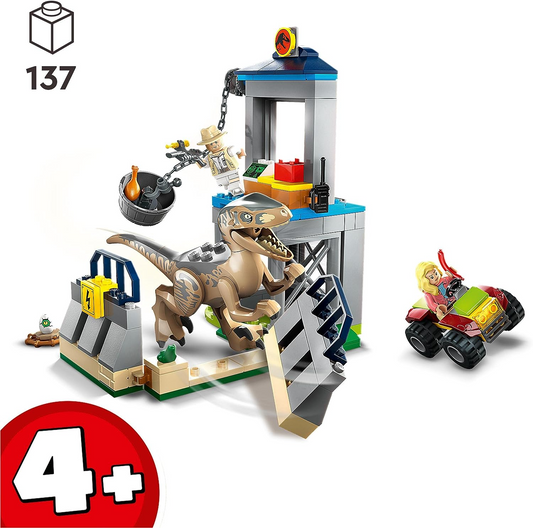 LEGO 76957 Jurassic Park Velociraptor Escape Dinosaur Toy para meninos, meninas, crianças de 4 anos ou mais, conjunto com figura de dinossauro, carro off-road e 2 minifiguras