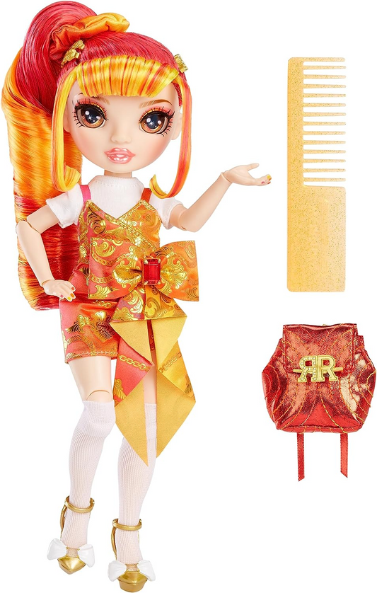 Rainbow Junior High Special Edition - LAUREL DE-VIOUS - Muñeca de moda posable roja y naranja de 9"/22,86 cm con accesorios y mochila suave abierta/cerrada - Gran juguete de regalo para niños de 4 a 12 años