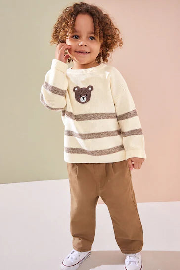 |Niño| Crema/Marrón Crema Jersey de punto con cuello redondo y rayas de osito (3 meses a 7 años)