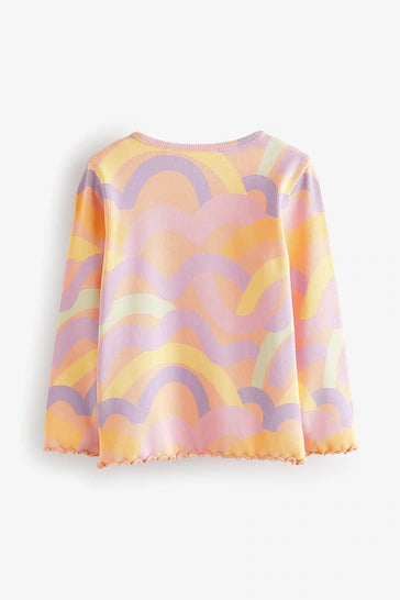 |Niña| Camiseta de manga larga de canalé arcoíris en rosa melocotón (3 meses-7 años)